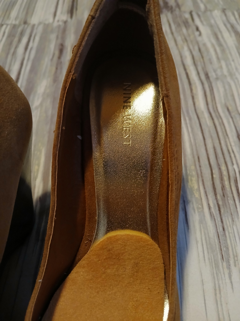 Nine West Tan Suede Peep-Toe Wood-Platform Wedges - Picture 3 of 8